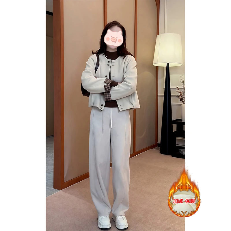 秋冬新款韩版轻奢气质减龄圆领短款外套阔腿加绒休闲裤两件套女装