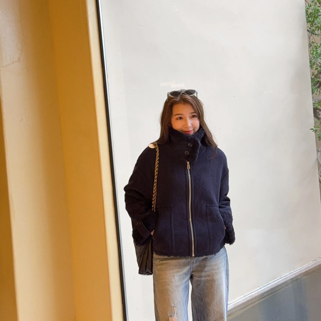 海宁秋冬新款100羊毛一体翻领女装韩版短外套夹克保暖