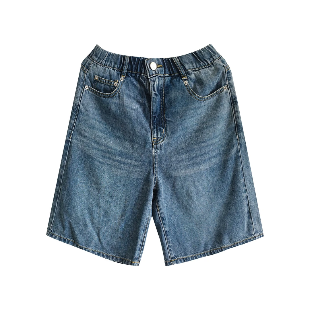 江家夏季软牛仔高腰宽松牛仔裤浅蓝休闲帅气百搭浅蓝水洗牛仔中裤