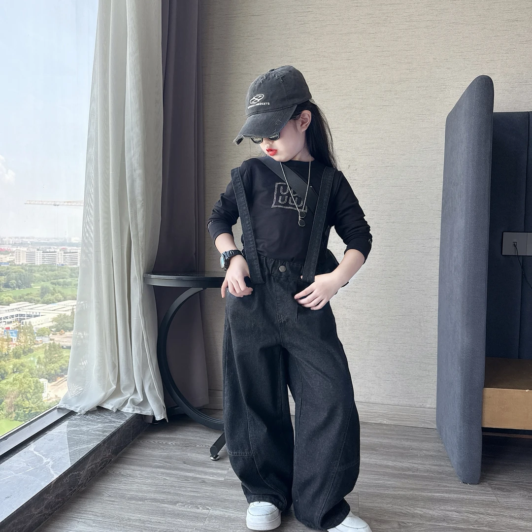女童秋季潮酷时尚牛仔老爹裤中大童女孩修身百搭长袖打底衫T恤