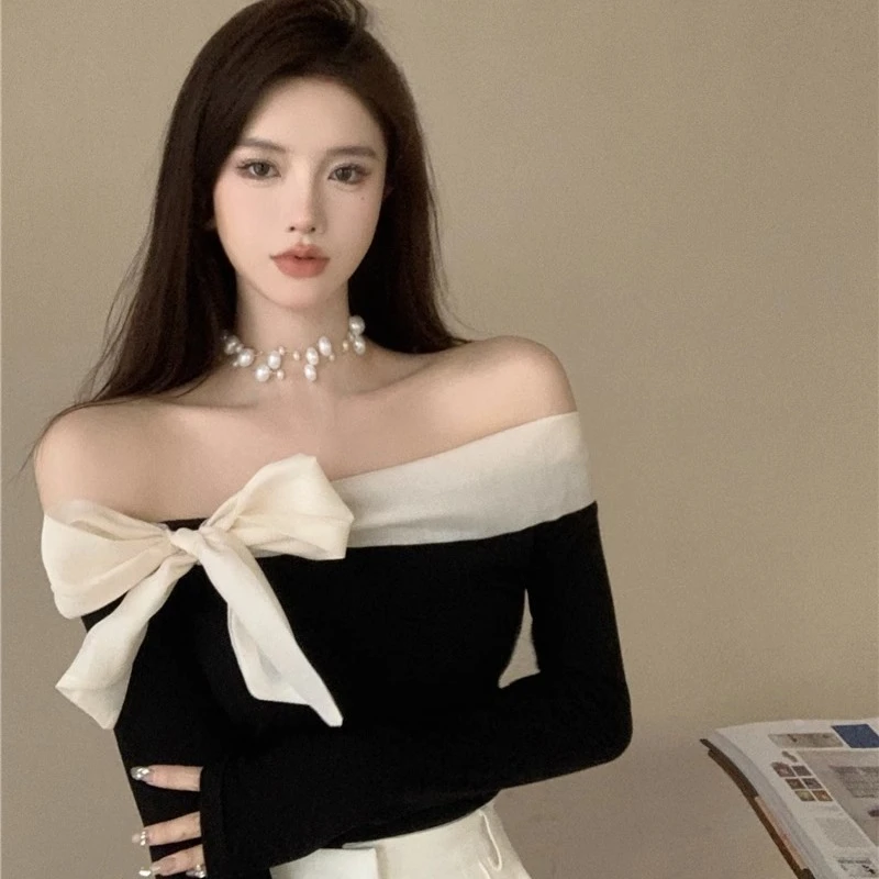 一字肩针织衫女港味轻熟洋气辣妹体恤上衣甜辣挂脖吊带背心肩带