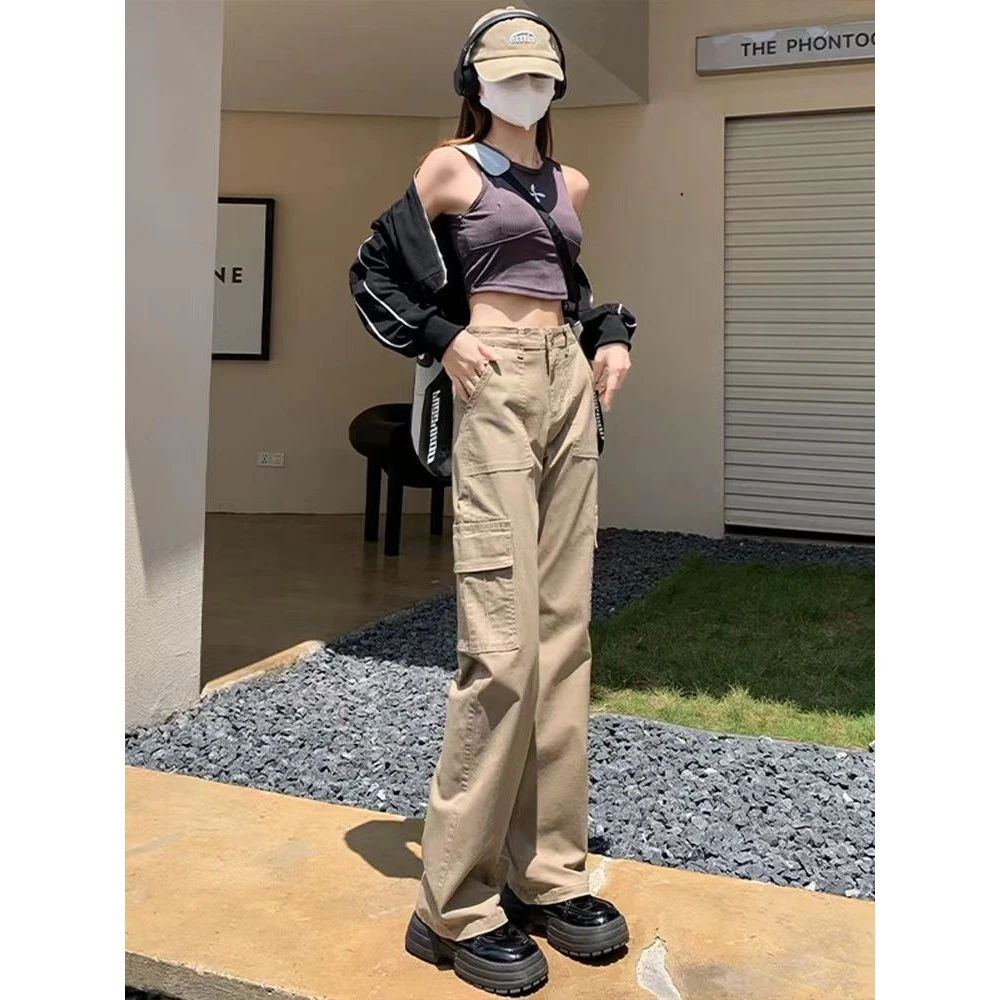 卡其色高腰窄版工装裤女春夏美式复古高街显瘦直筒窄版阔腿牛仔裤