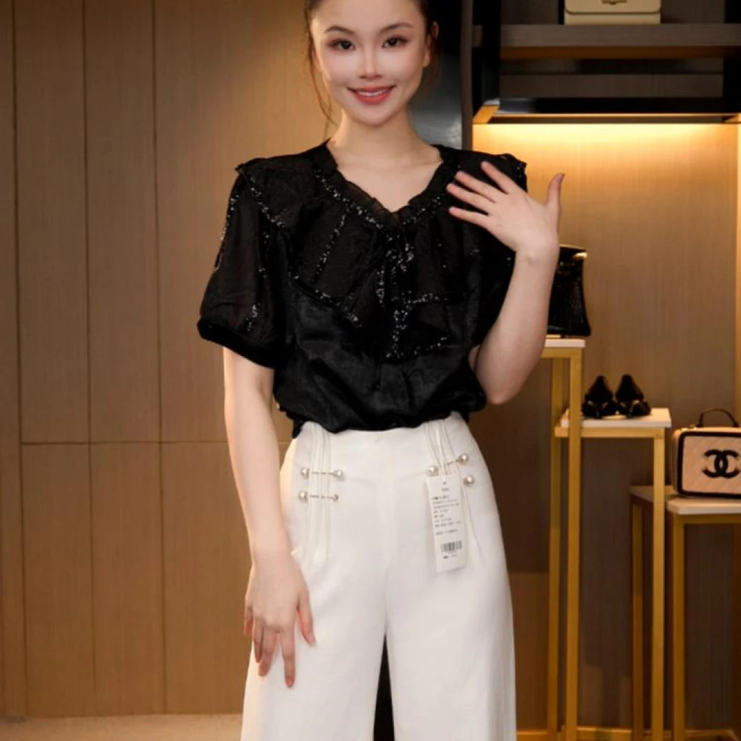 L4X1889 法式复古显瘦气质琉璃双绉丝T恤上衣