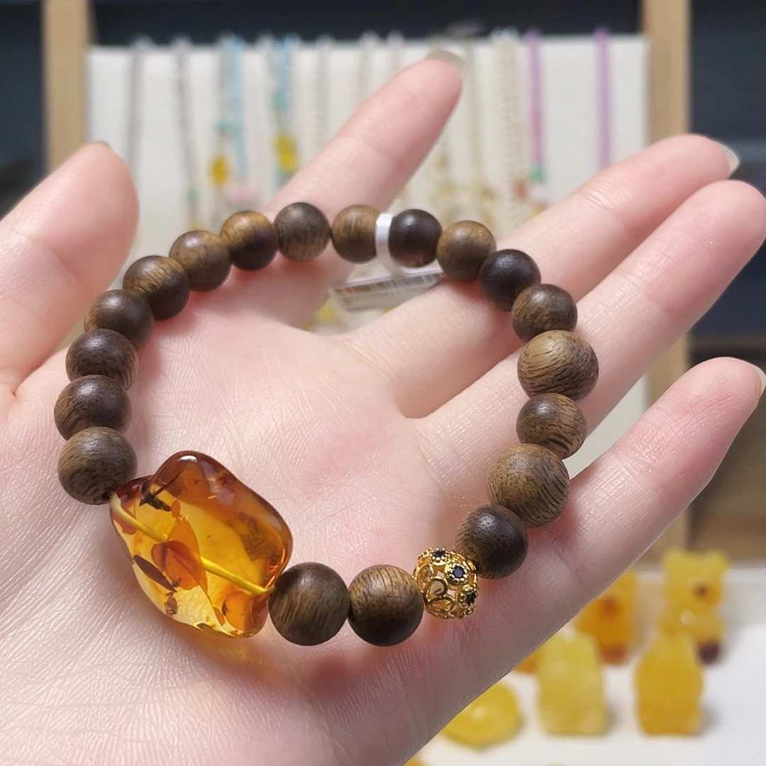植物珀未镶嵌裸石花珀手串