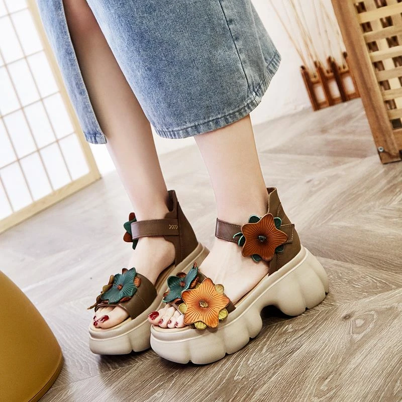 时尚厚底高帮花朵休闲女士凉鞋2025新款夏季松糕学生鞋舒适罗马鞋
