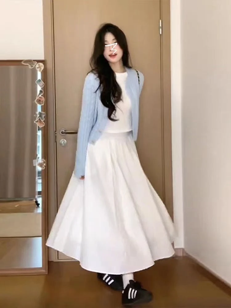 时尚套装收腰针织百褶上衣长裙温柔半身裙法式长袖春季-9225