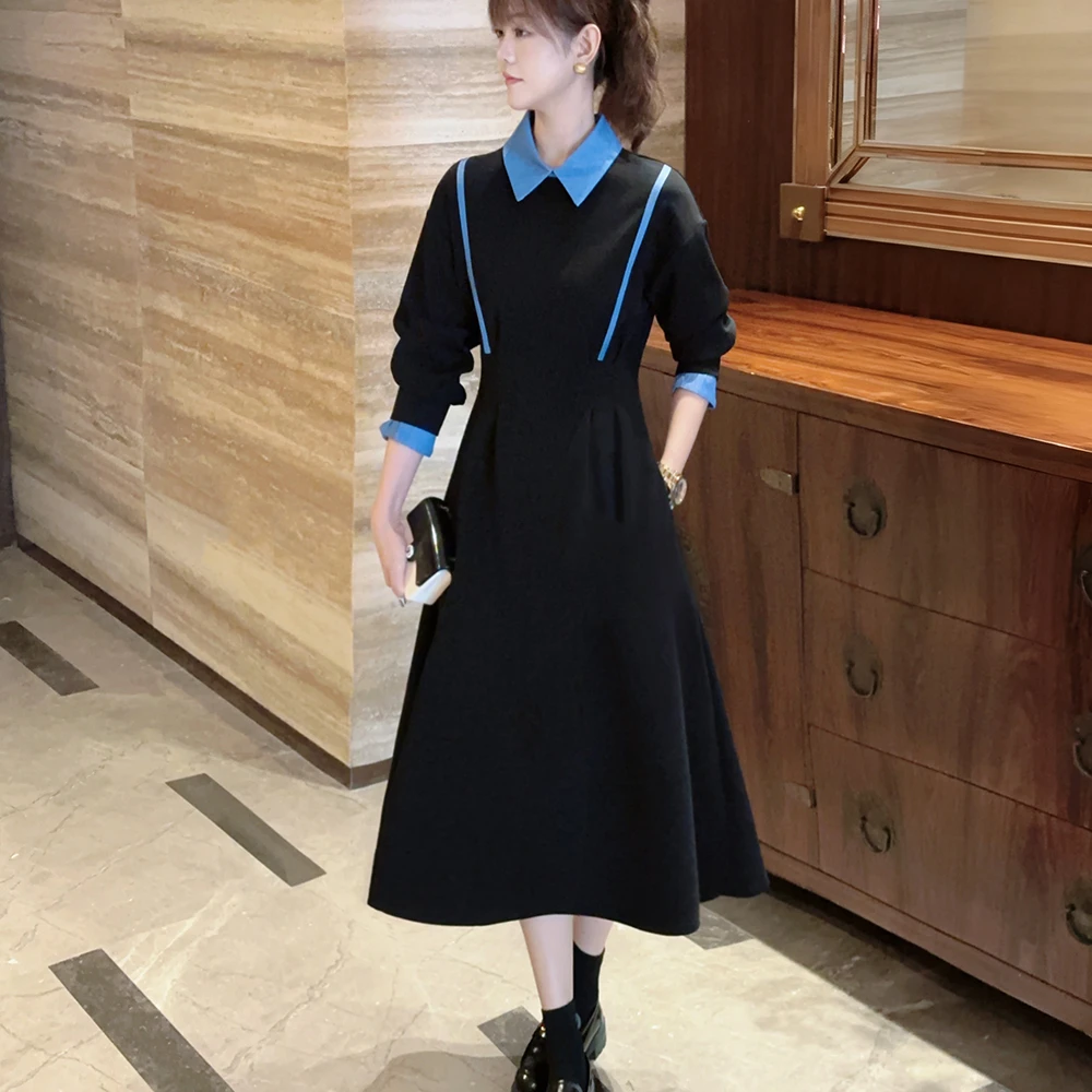 【断码清货不加库存】牛仔拼接假两件翻领黑色高级感秋冬连衣裙女