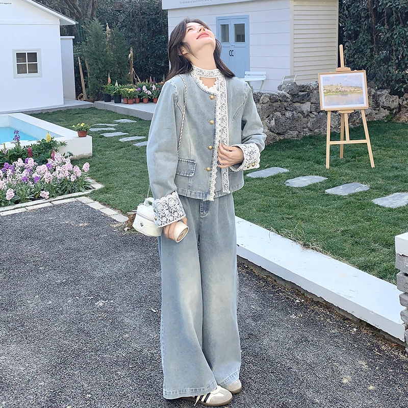 蕾丝拼接牛仔套装女2025春秋新款别致独特气质高级感阔腿裤两件套