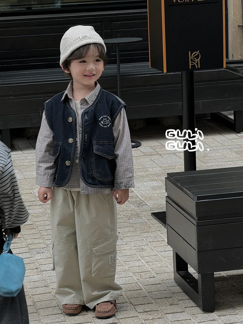 【铁锤甄选】拼接包边牛仔马甲482183＋格纹衬衣382418