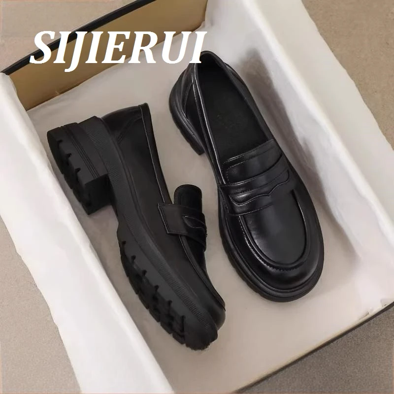 SIJIERUI黑色厚底小皮鞋女2025新款百搭单鞋英伦风乐福鞋大码女鞋