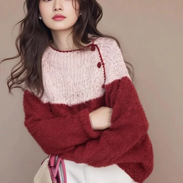 重工复古红色斜襟拼色针织毛衣外套女2025年新款春季慵懒风高级感