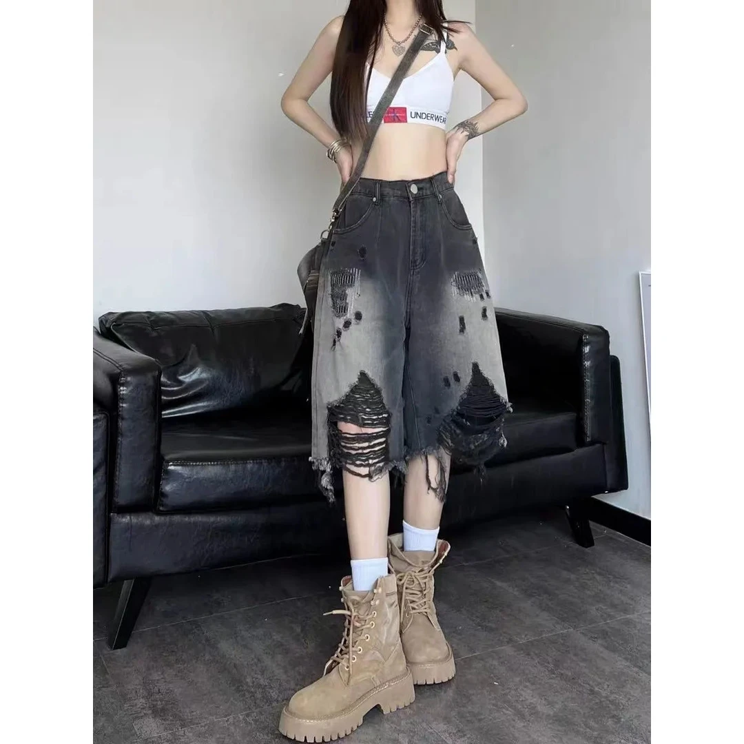 W3水洗渐变色破洞刀割美式高街国潮牌复古做旧牛仔宽松短裤百搭