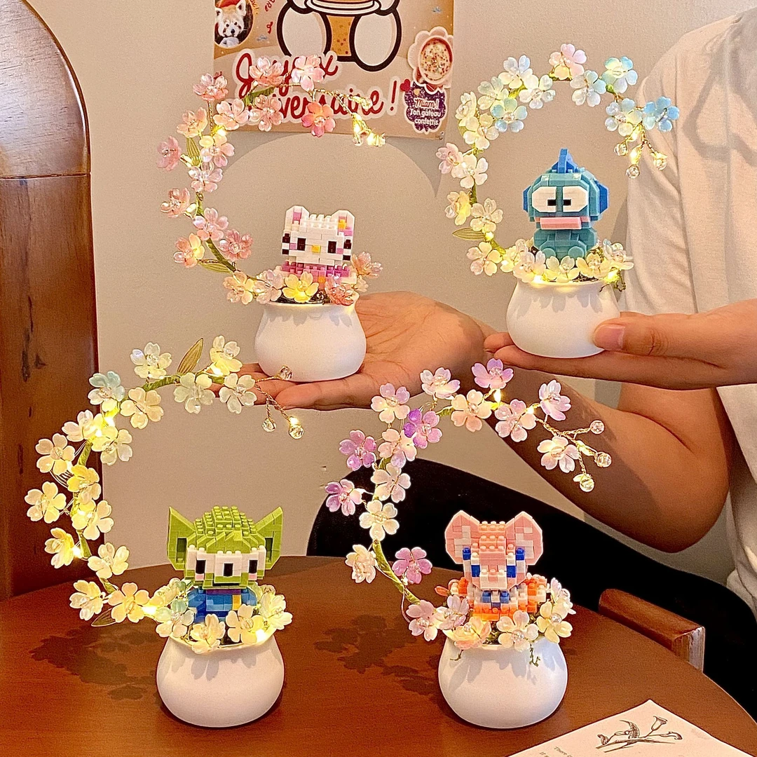 居家治愈系氛围灯情人节限定卡通帕恰狗迷你樱花树盆栽DIY材料包