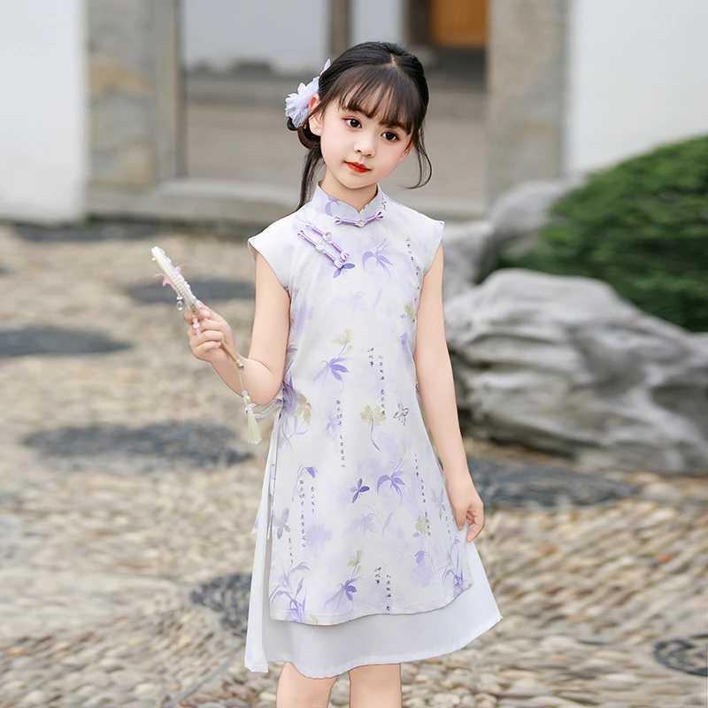 女童改良旗袍夏季中国风儿童中式礼服小女孩公主连衣裙古筝演出服