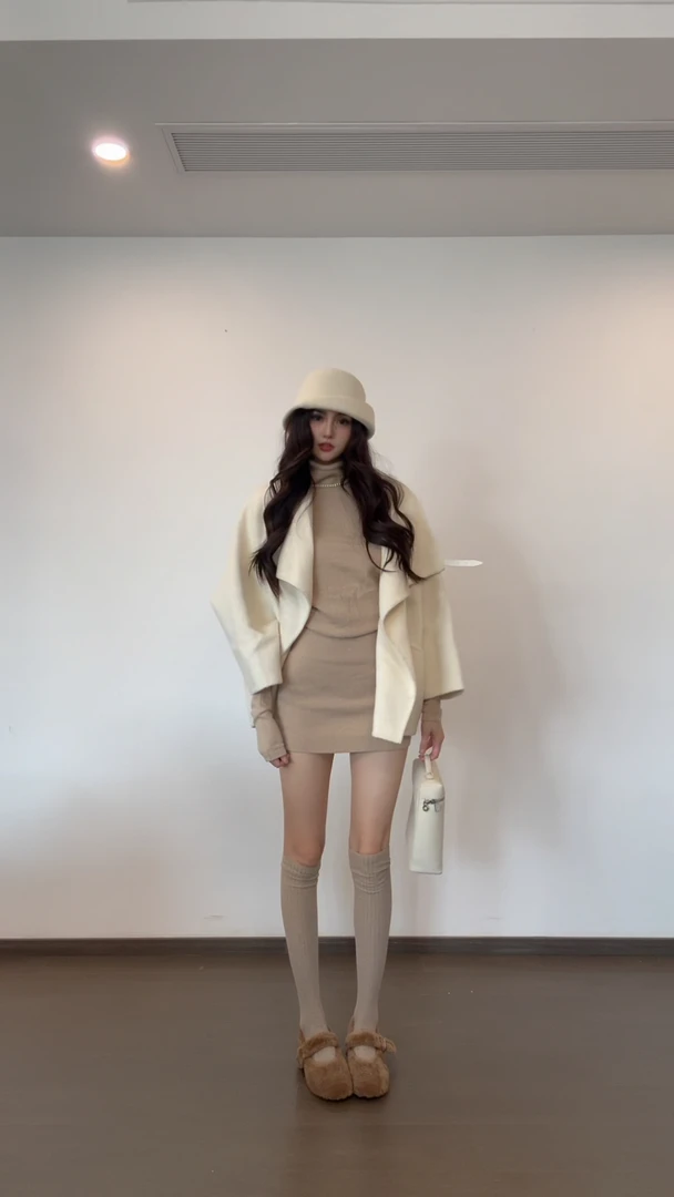 2025秋冬新款女名媛风气质高级感不规则领毛呢外套修身显瘦连衣裙