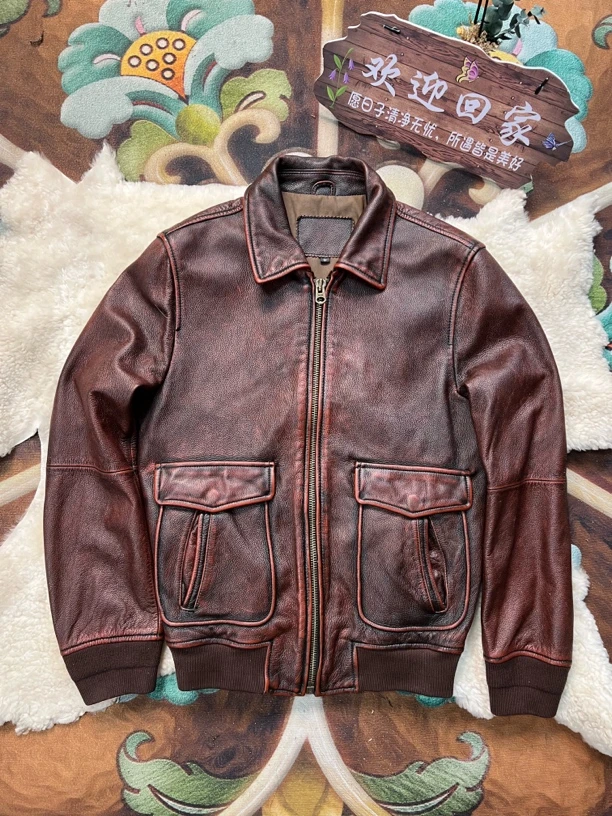 新款头层牛皮真皮皮衣男士复古石磨做旧短款皮夹克翻领休闲外套