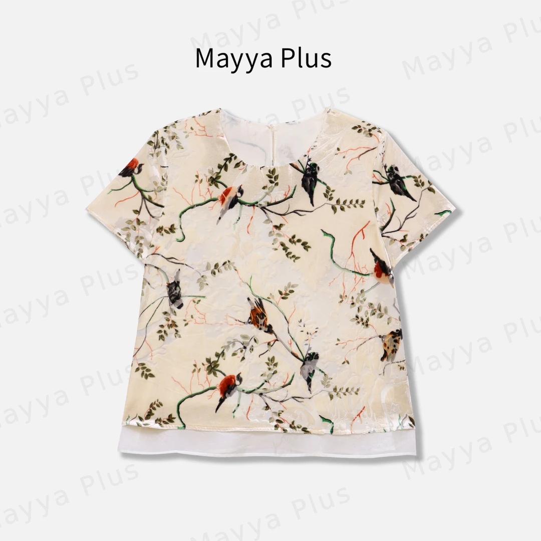【喜上眉梢】Mayya Plus麦芽定制国风印花短袖气质百搭上衣32528328