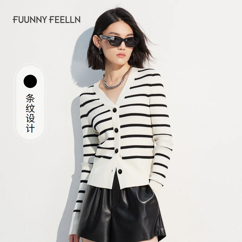 【婧文专属】FF||佛春季针织衫女条纹V领开衫上衣外穿FZ01221