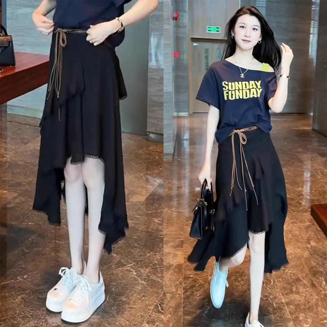 时尚休闲减龄气质t恤上衣女装+云裳叠雪半身裙套装2025年夏季新款