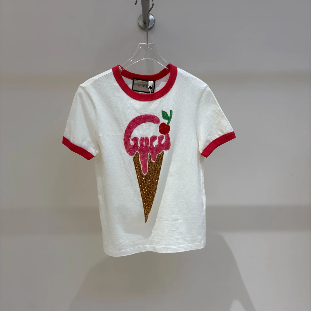 99新 GUCCI/古驰 GU1492 钻图案印花棉质短袖T恤 S码 原价7500