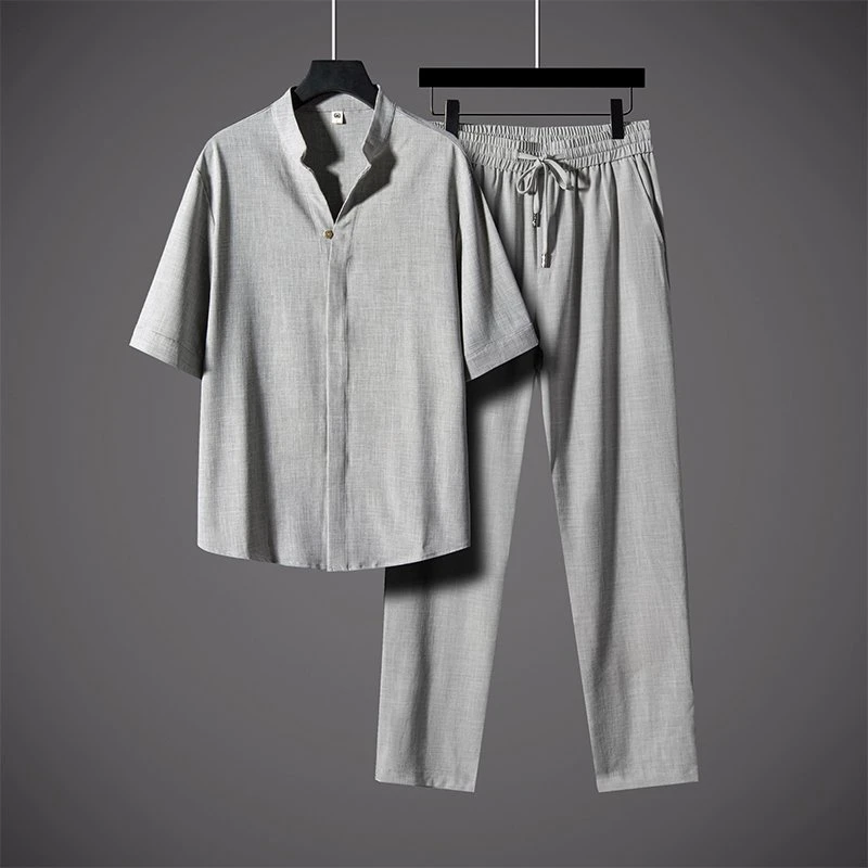 高端设计师款套装中式夏季休闲中国风夏装薄款男士宽松半袖纯色