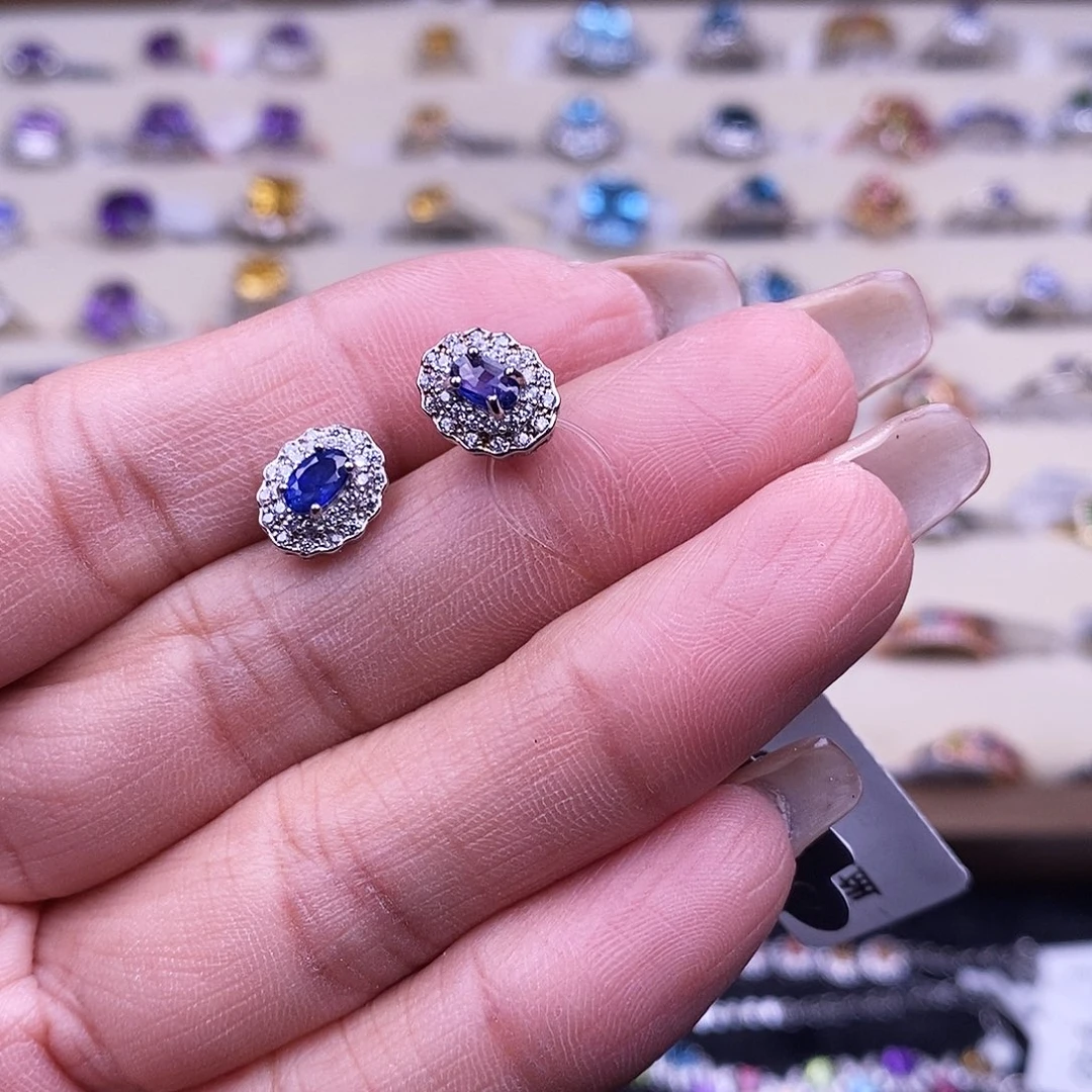 耳饰蓝宝石银S925镶嵌