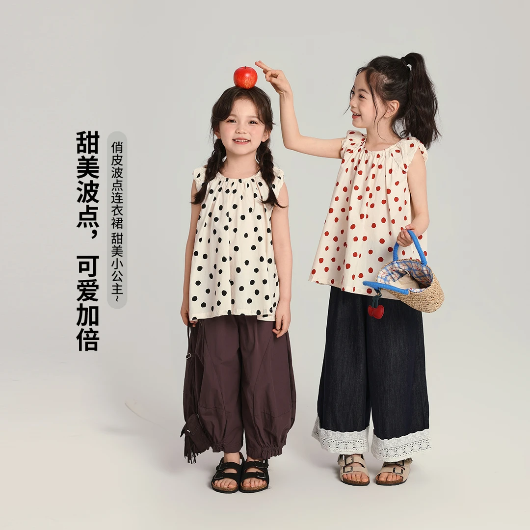布丁哈鲁【点点圈】2025夏款女童时尚甜美波点无袖衬衫G52TA024