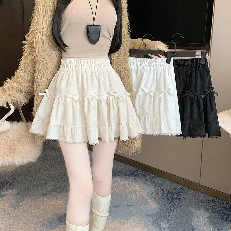 白色蝴蝶结花边蕾丝半身裙春夏2025新款高腰蓬蓬芭蕾蛋糕短裙