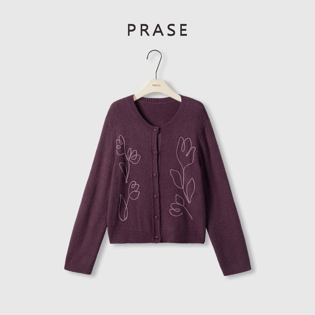 PRASE·杨杨【花朵线条】微胖轻奢设计秋女羊毛刺绣毛织开衫PR508E37
