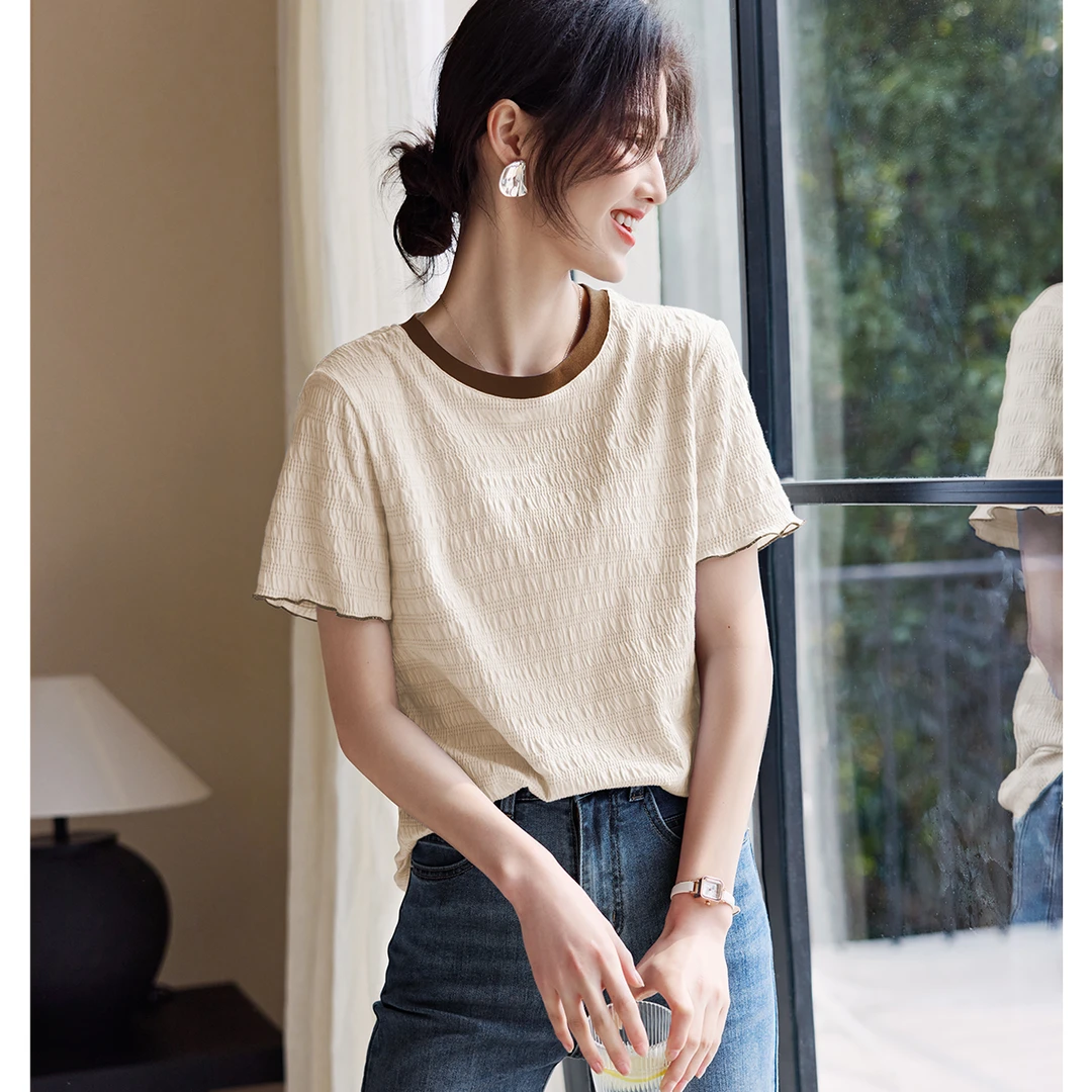 XWI/欣未圆领多色肌理感T恤2025夏季新款显瘦木耳边撞色短袖8912