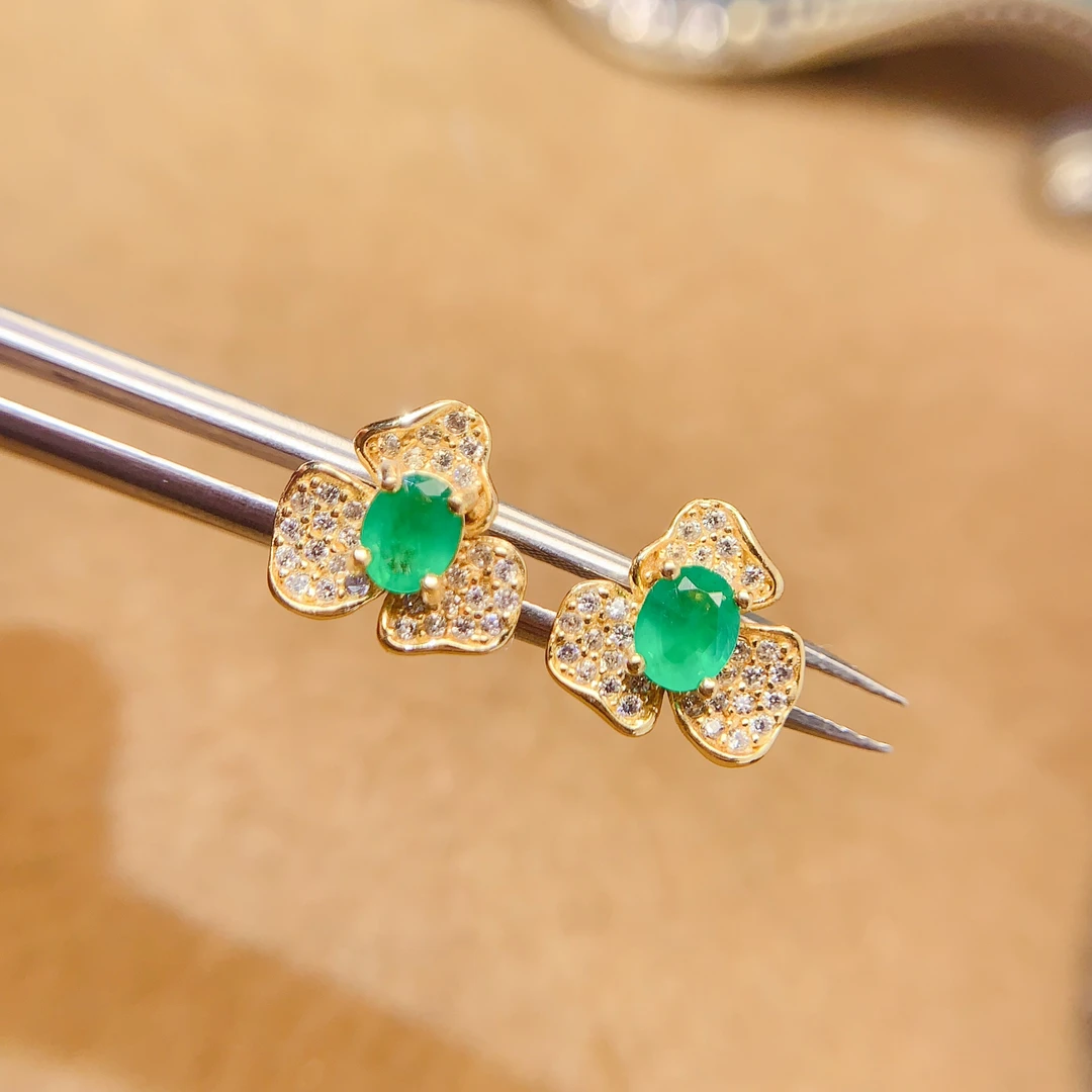 AFZME183-S925银镶嵌天然祖母绿耳钉（单主石约：50分）