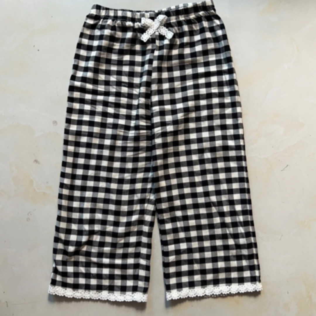 棉质 超柔工艺 高端大气 格子裤 脚口棉质花边，蝴蝶结棉质花边