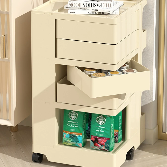 收纳柜客厅卧室多功能可旋转奶油风床头柜小推车零食化妆品置物架