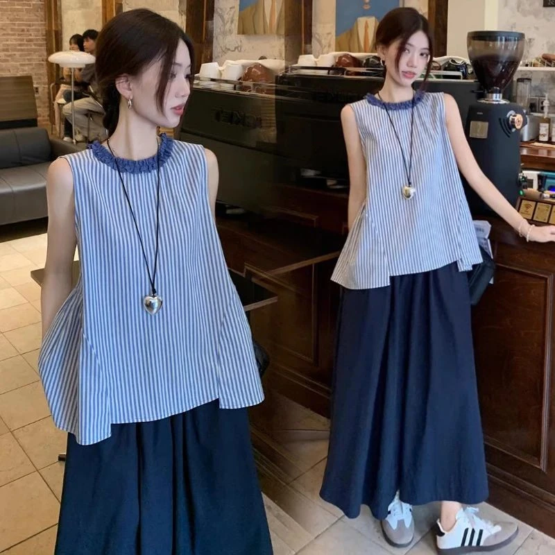 时髦孕妇套装新款洋气时尚宽松木耳边条纹衬上衣衣显瘦托腹半身裙