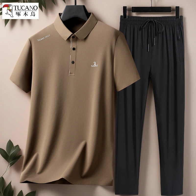 啄木鸟冰丝POLO衫套装爸爸装夏季薄款透气男装中老年套装运动休闲