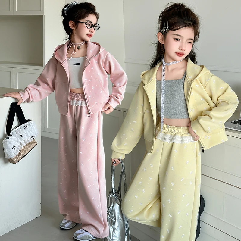 童装女童套装春秋款儿童蝴蝶结连帽外套休闲裤两件套中大童运动服