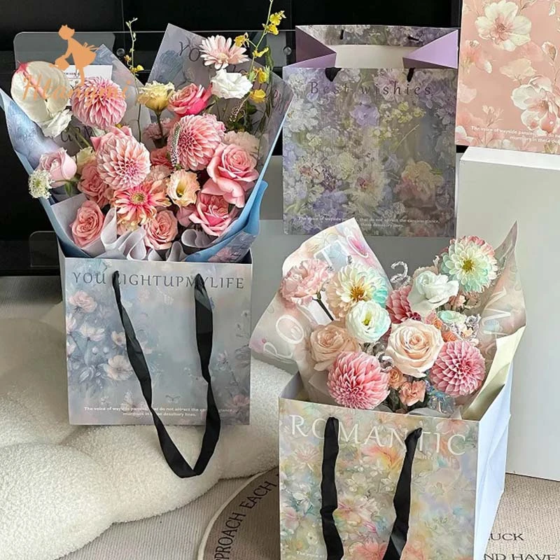 【汉唐美】高级网红油画风花店鲜花抱抱袋花束精致加厚包装手提袋