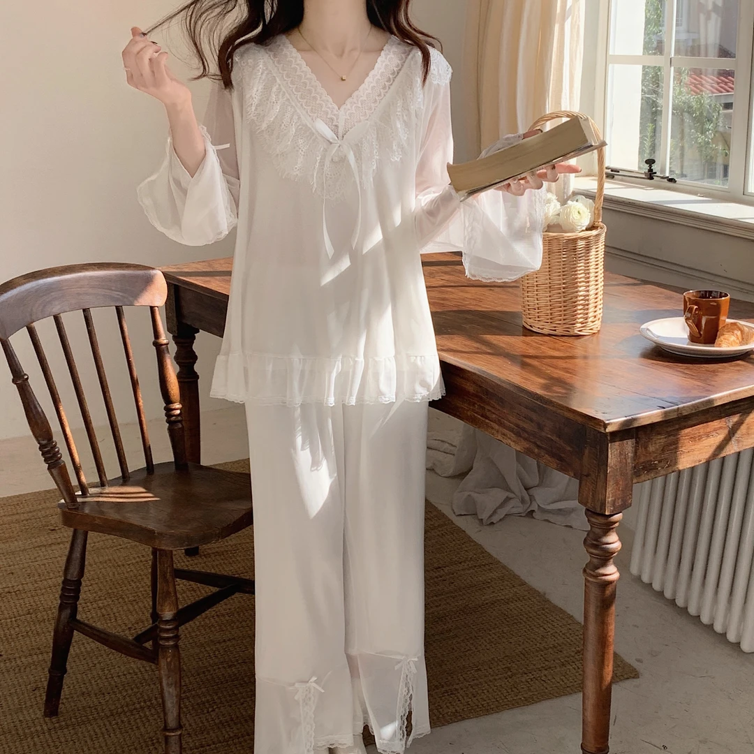 2025春秋长袖睡衣女双层网纱公主风休闲甜美可外穿薄款家居服套装
