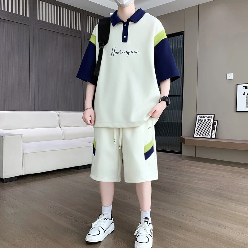 夏季青少年帅气翻领短袖两件套潮男时尚休闲套装短袖五分裤搭配