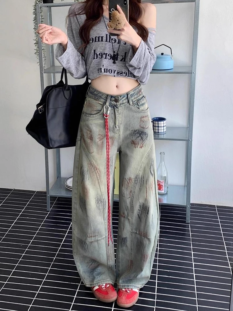 美式复古做旧高腰牛仔裤休闲裤女秋季设计感小众拖地直筒裤阔腿裤