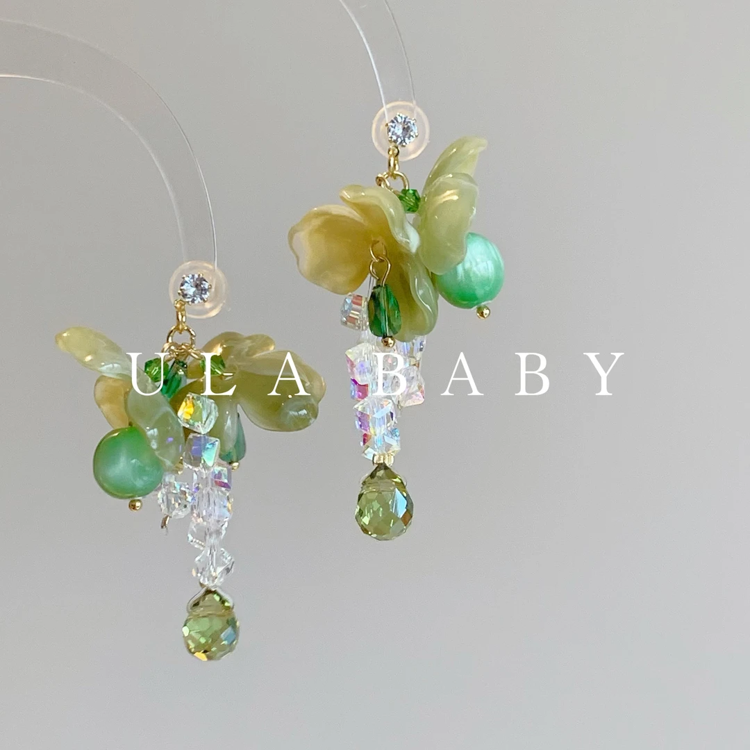 铜合金仿水晶耳饰 【喜儿ula】6-1-8手作夏日绿色花朵流苏耳钉