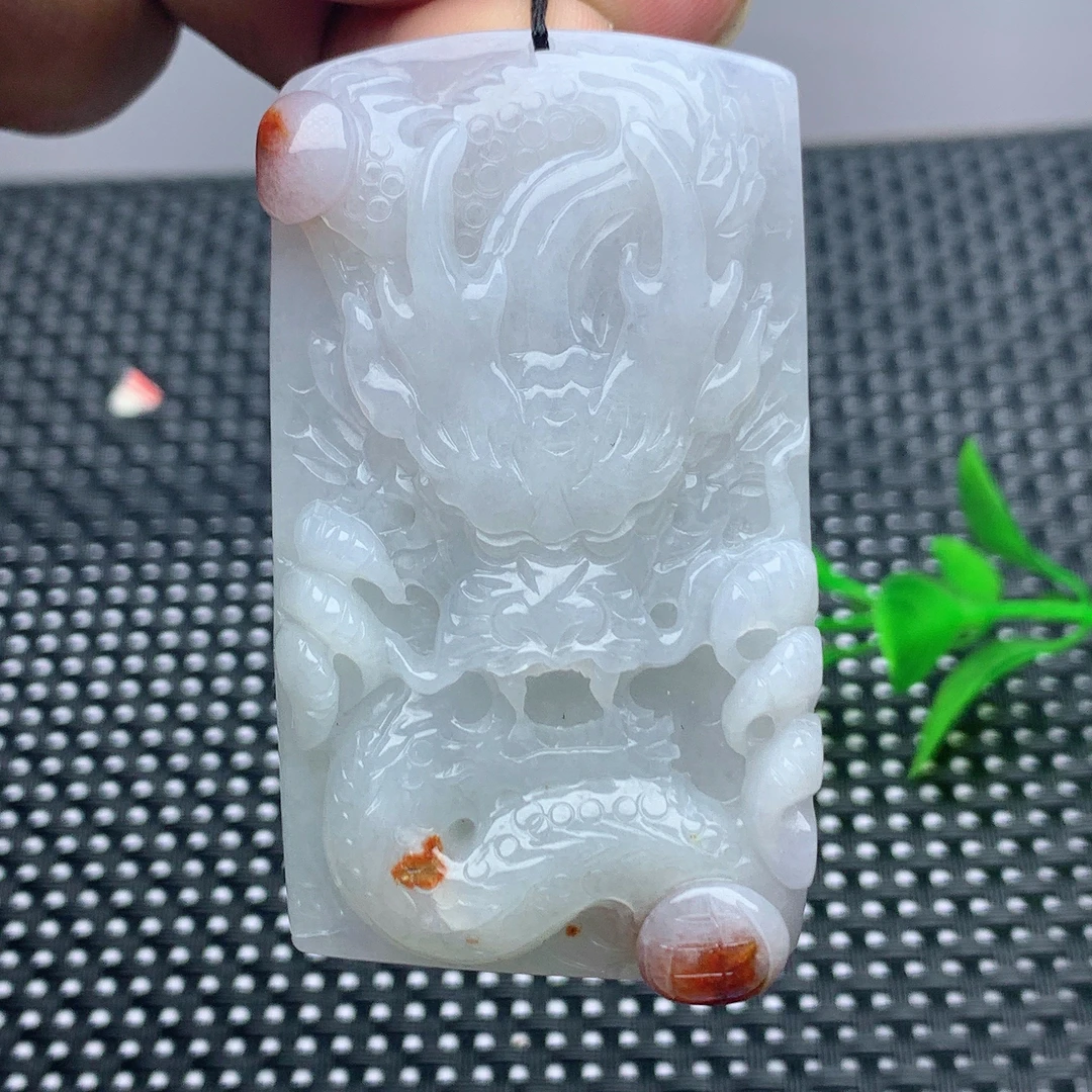 缅甸天然A货翡翠生肖龙牌白红色男款冰润挂件挂坠配证书俏色雕刻