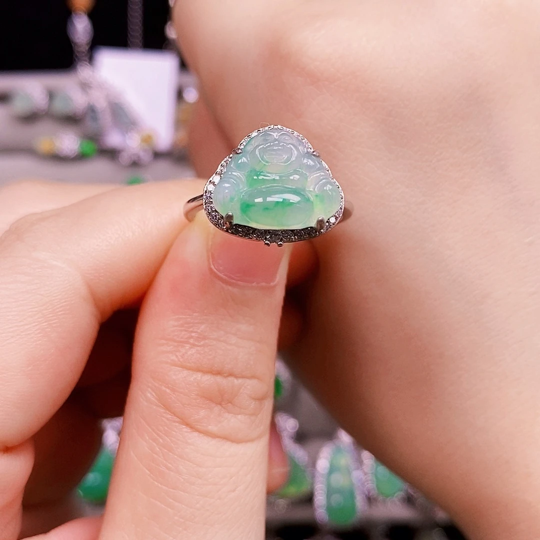 翡翠戒指银S925镶嵌佛公
