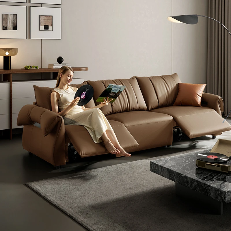 顾家家居落地轻奢三人头层牛皮羽毛填充电动功能沙发6221