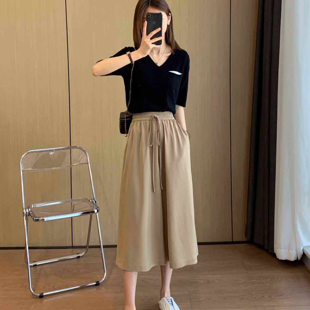 大码女款阔腿裤女夏季新款梨形身材显瘦宽松高腰垂感抽绳七分裤裙