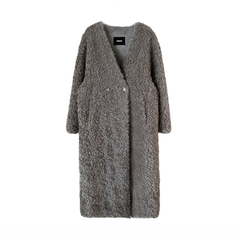 Zhou Yilin中长款V领100羊羔毛皮草外套高级羊剪皮毛一体大衣2025