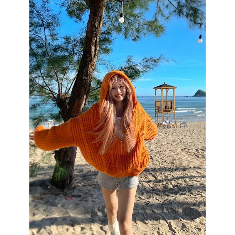 【番茄妹妹】美式慵懒风麻花针织连帽毛衣宽松百搭多巴胺毛衫