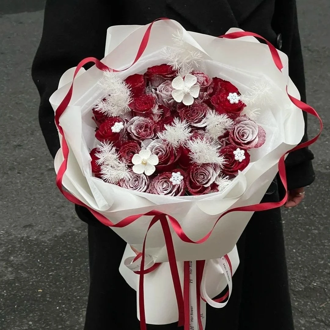 【落雪玫瑰】19朵落雪红玫瑰芭蕾风圣诞元旦跨年花束冬天下雪附近花店大庆花店送花上门