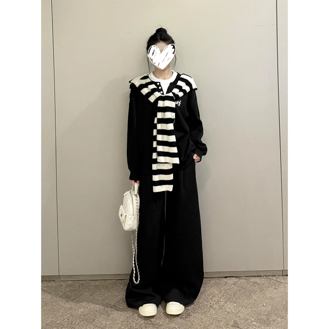 2025气质小众高级感条纹披肩长袖V领卫衣女新款宽松直筒长裤套装