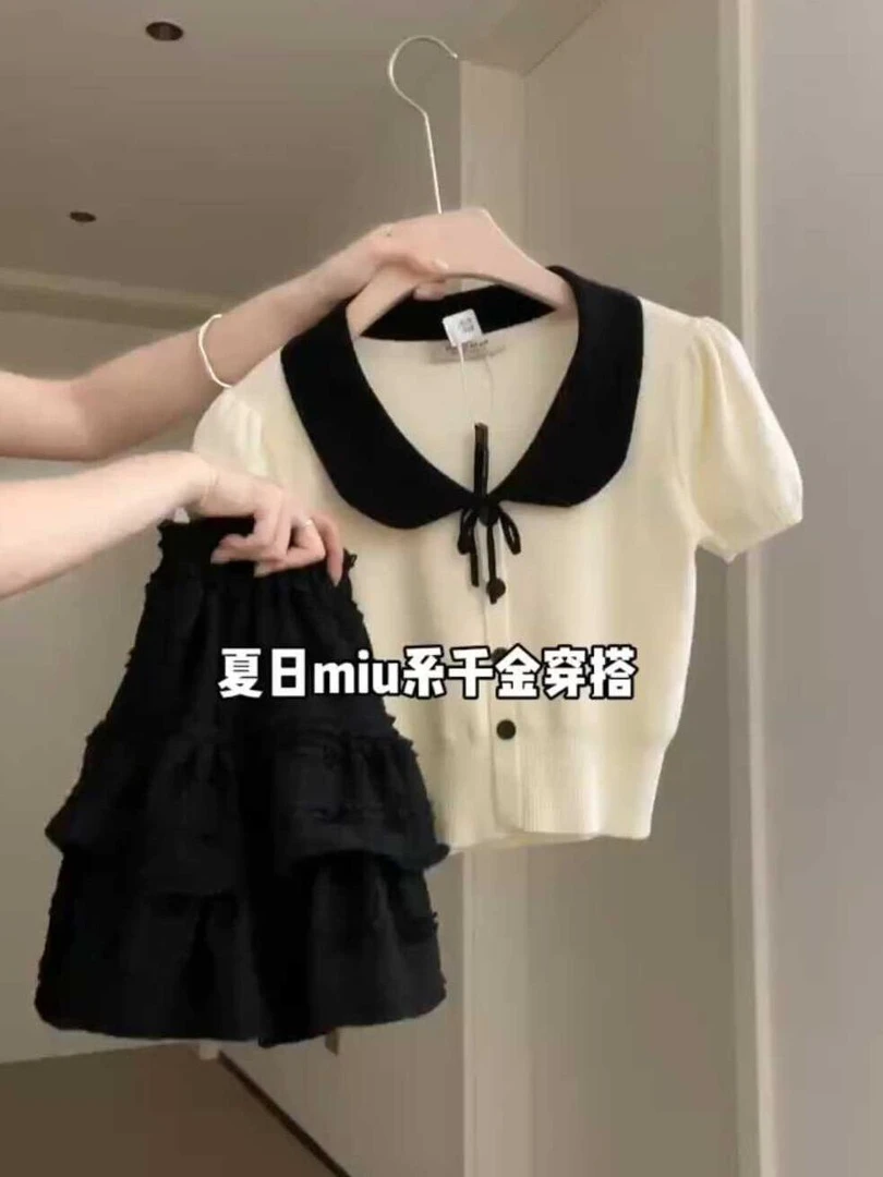 夏季2025薄款短袖冰丝针织T恤修身显瘦娃娃领短款上衣韩版修身潮